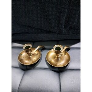 Vtg. Pair Brass Colonial Style Candlestick Holders W/ Finger Tabs And Drip Tray